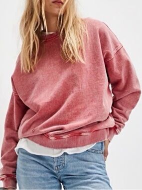 FREE PEOPLE Pink Falling Forward Pink Snow Washed Distressed Sweatshirt SZ: L